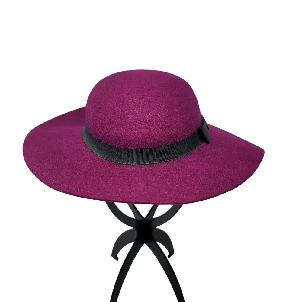 Vintage 60s Wool Felt Fuchsia Pink‎ Wide Brim Derby Hat Black Ribbon Bow USA - Picture 7 of 8
